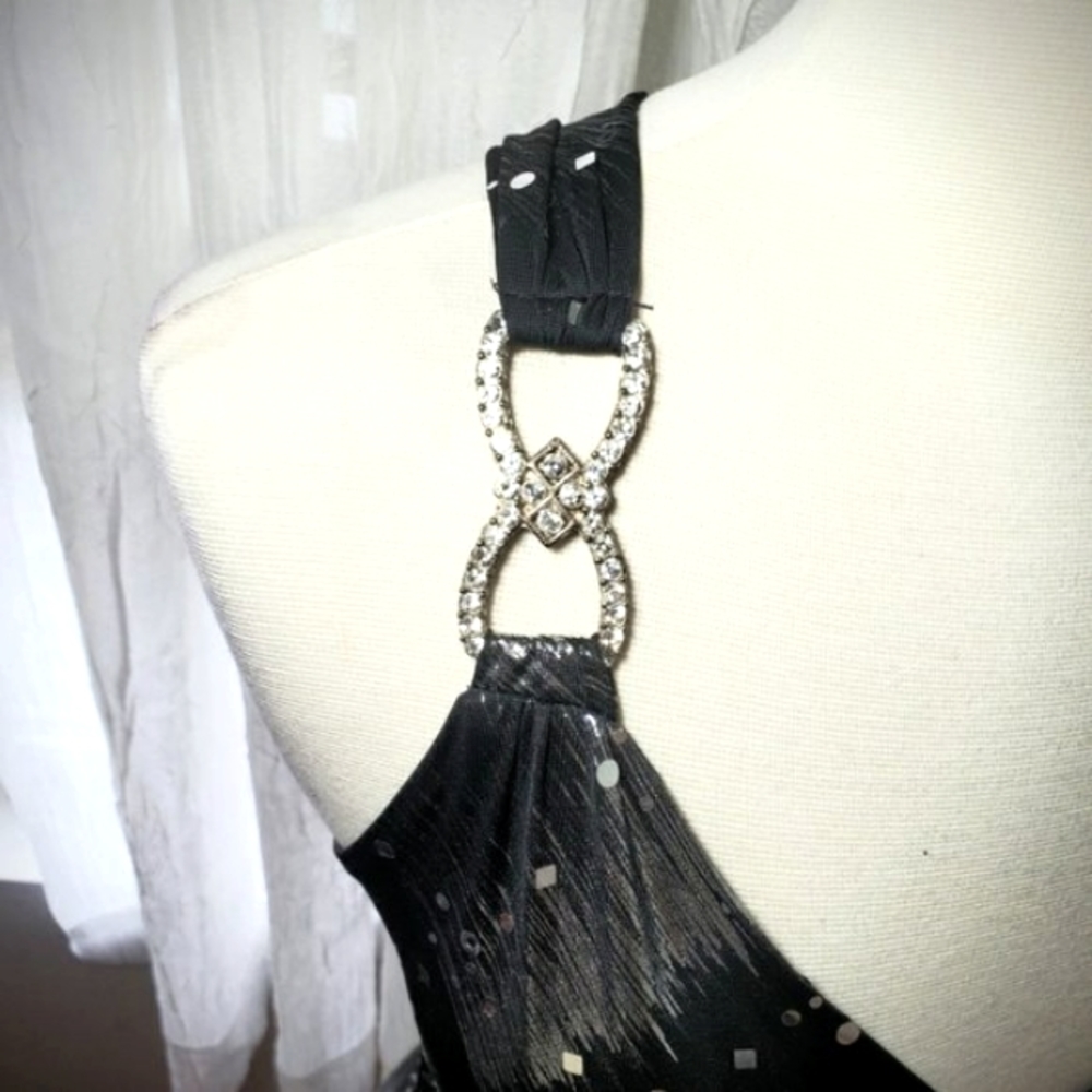 Dress Taboo Women Low Neckline Crossed Cutout Back Silver Sparkle Black Dresses - Picture 7 of 11